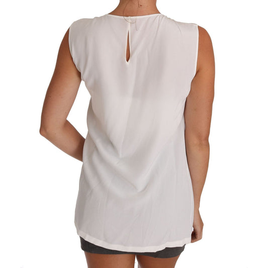 Elegant White Silk Sleeveless Top with Lace Detail