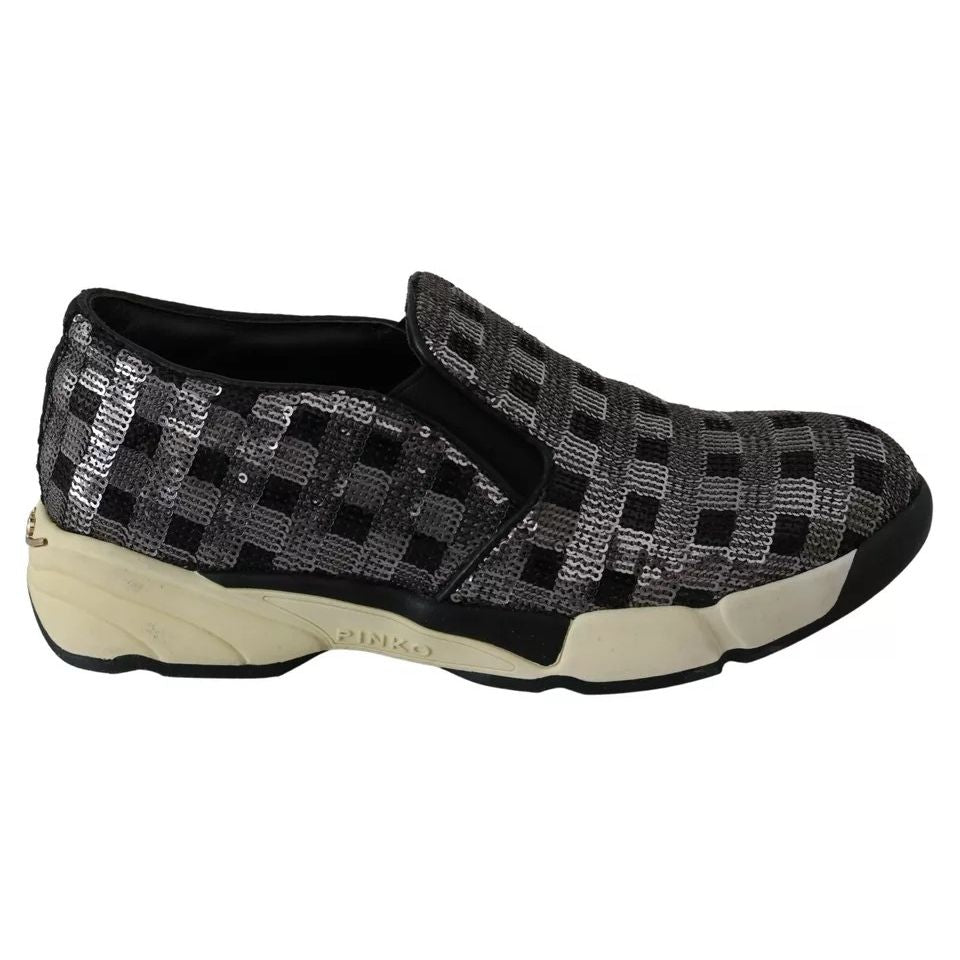 PINKO Silver Black Slip-on Sequence Design Sneakers Shoes