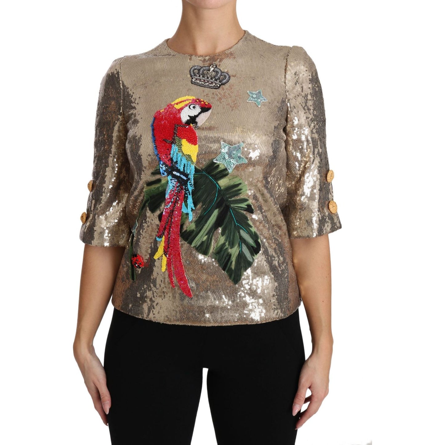 Dolce & Gabbana Gold Parrot Motif Crewneck Blouse with Crystals Dolce & Gabbana