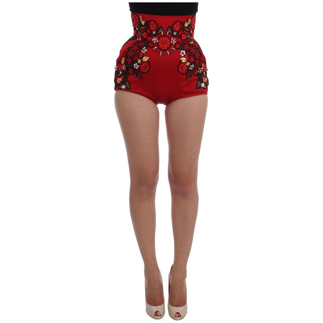Dolce & Gabbana Red Silk Crystal Roses Shorts