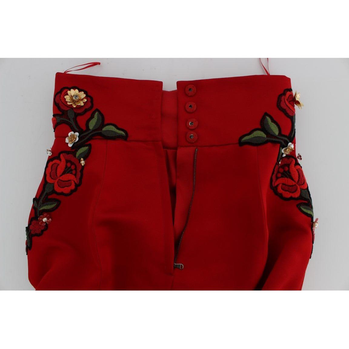 Dolce & Gabbana Red Silk Crystal Roses Shorts