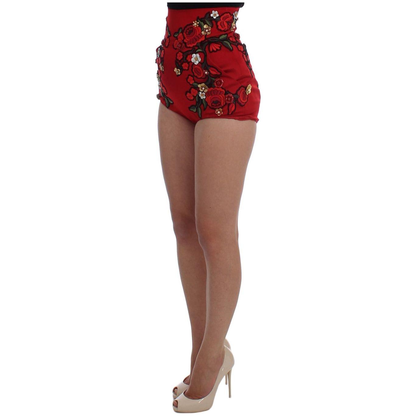 Dolce & Gabbana Glamorous Red Silk Floral Embroidered Shorts Dolce & Gabbana