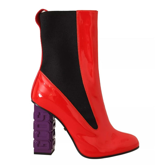 GCDS Red Leather Black Fabric Logo Heel Ankle Boots Shoes