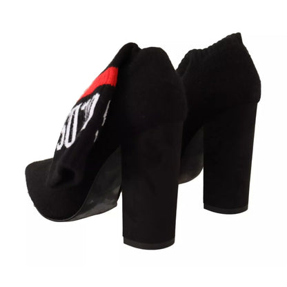 GCDS Black Suede Logo Socks Block Heel Ankle Boots Shoes