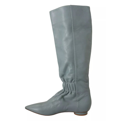 Valentino Blue Leather Elastic Flats Pull On Knee High Boots Shoes Valentino