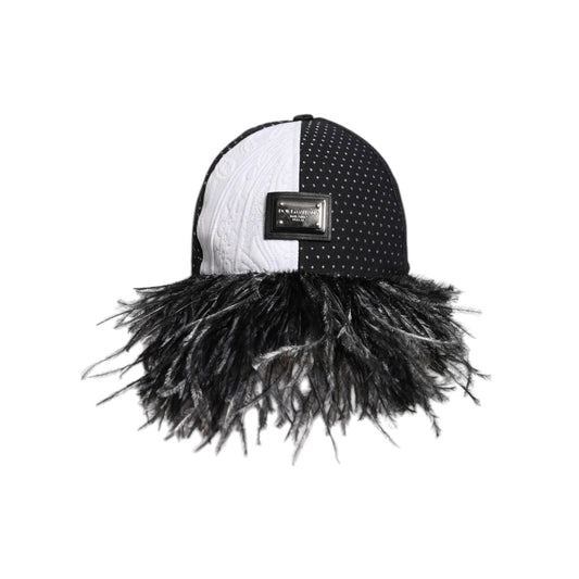 Dolce & Gabbana White Black Polka Dot Feathers Baseball Cap