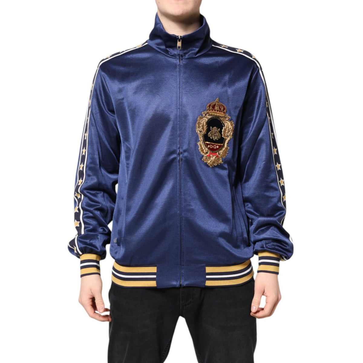 Dolce & Gabbana Blue Nylon Logo Patch Men Bomber Sweater