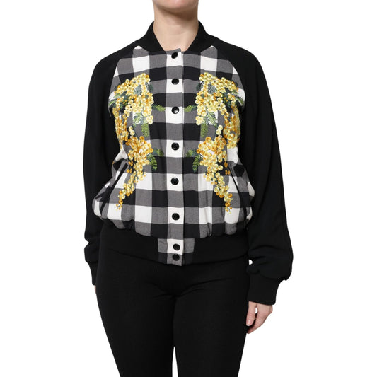 Dolce & Gabbana Black White Check Floral Button Down Jacket