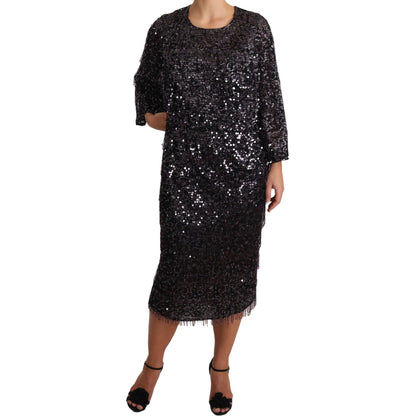 Dolce & Gabbana Black Sequined Long Sleeve Shift Midi Dress