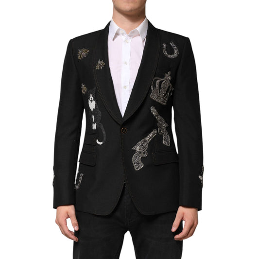 Dolce & Gabbana Black Bee Crown Embellished Suit Coat Blazer 1728,67345645728,Black,Blazers - Men - Clothing,Blazers - Suits & Blazers - Clothing,Clothing,Dolce & Gabbana,IT44 | XS,IT48 | M,IT50 | L,Material: 65% Virgin Wool 30% Mohair 3% Polyester 2% Sil