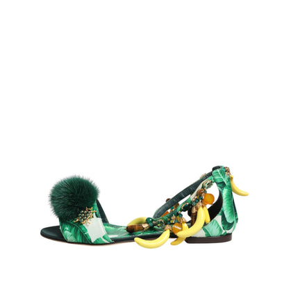 Dolce & Gabbana Green Mink Fur Satin Banana Leaf Sandals Shoes