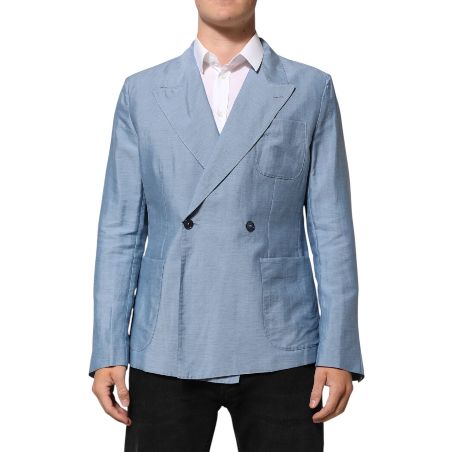 Dolce & Gabbana Light Blue Linen Double Breasted Men Jacket Blazer