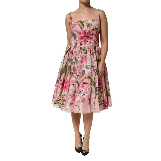 Dolce & Gabbana Pink Floral Lily Print Midi Sleeveless Dress