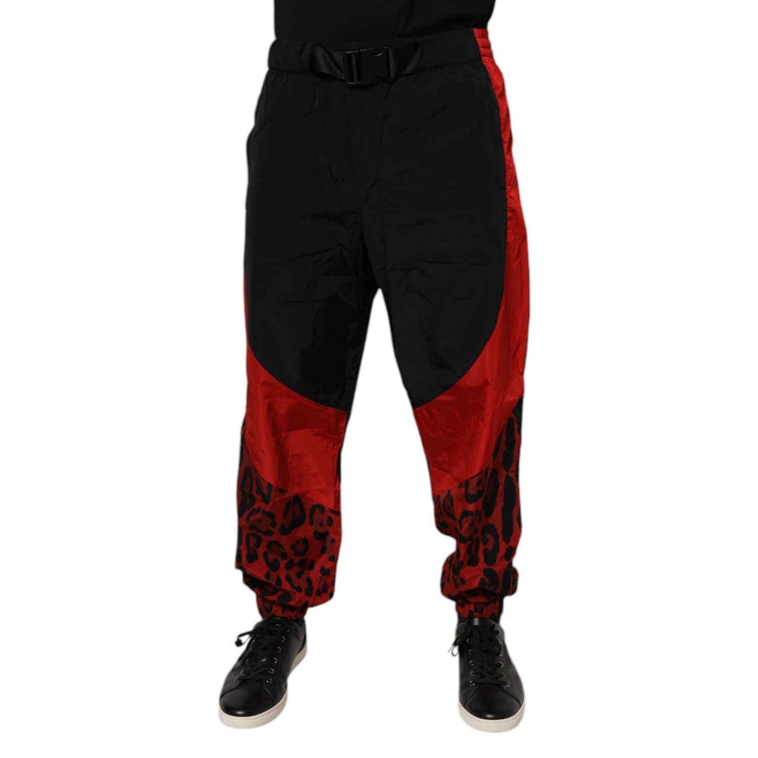 Dolce & Gabbana Black Red Leopard Print Nylon Jogger Pants