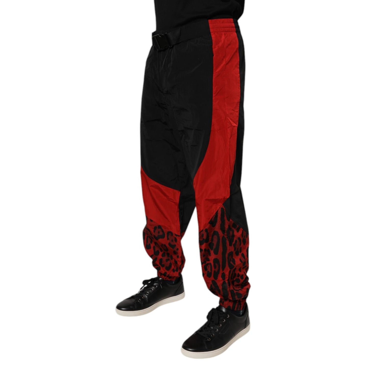 Dolce & Gabbana Black Red Leopard Print Nylon Jogger Pants