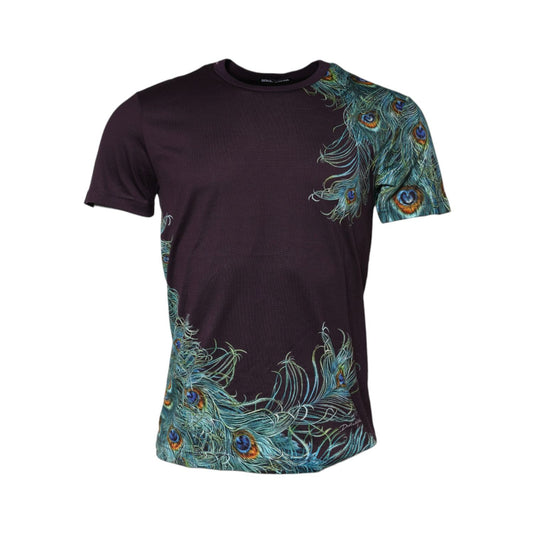 Dolce & Gabbana Violet Peacock Feather Men Crew Neck T-Shirt