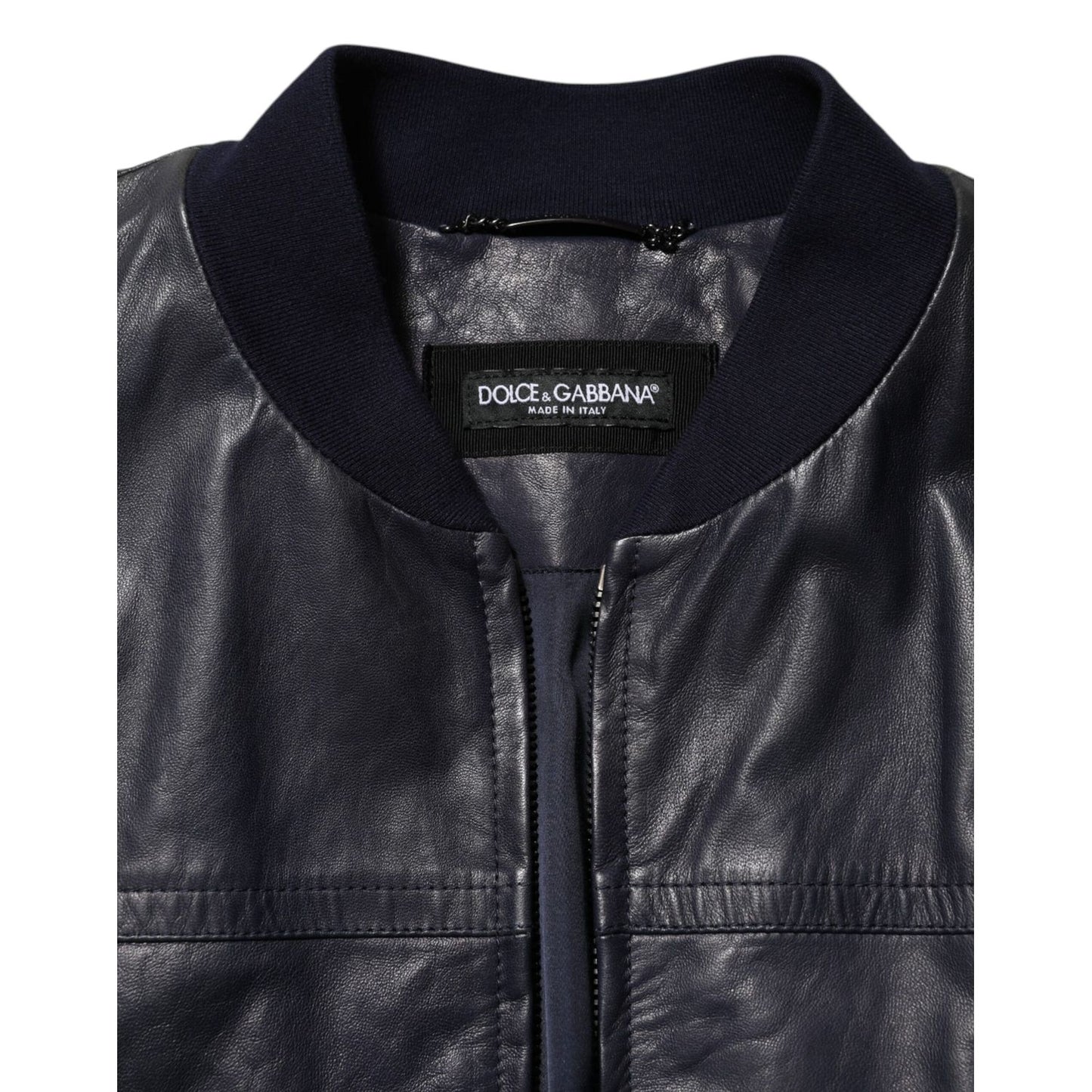 Dolce & Gabbana Blue Leather Full Zip Biker Blouson Jacket