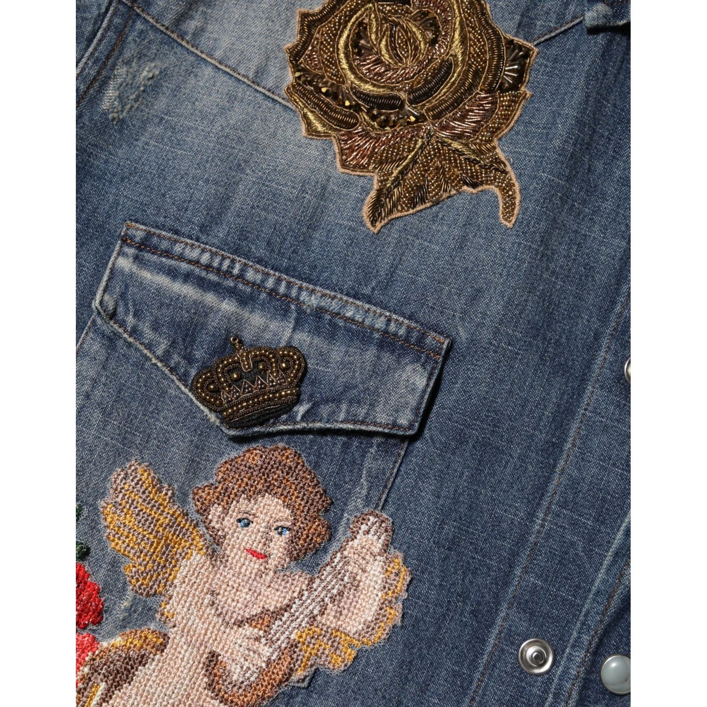 Dolce & Gabbana Blue Angel Patch Denim Buttoned Down Men Shirt