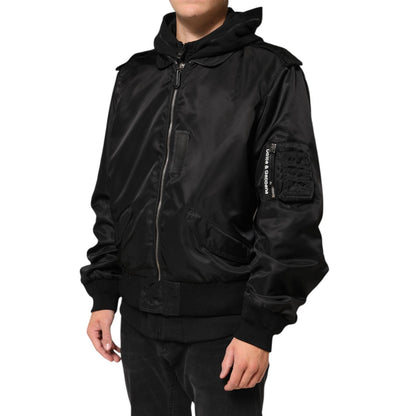 Dolce & Gabbana Black Cotton Hooded Full Zip Bomber Jacket