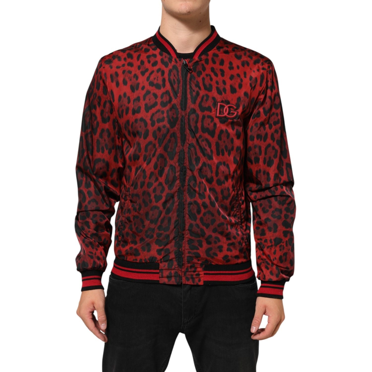 Dolce & Gabbana Red Leopard Print Full Zip Bomber Men Jacket