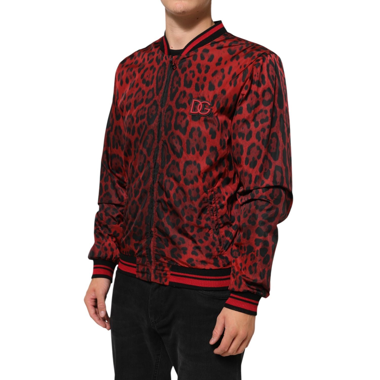 Dolce & Gabbana Red Leopard Print Full Zip Bomber Men Jacket