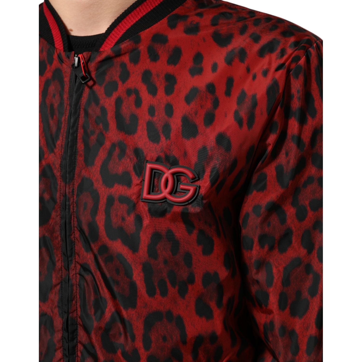 Dolce & Gabbana Red Leopard Print Full Zip Bomber Men Jacket