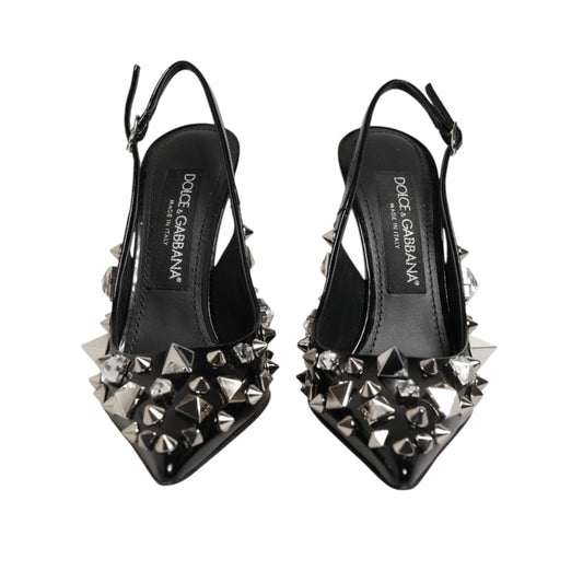 Dolce & Gabbana Black Studded Leather Heels Slingbacks Shoes