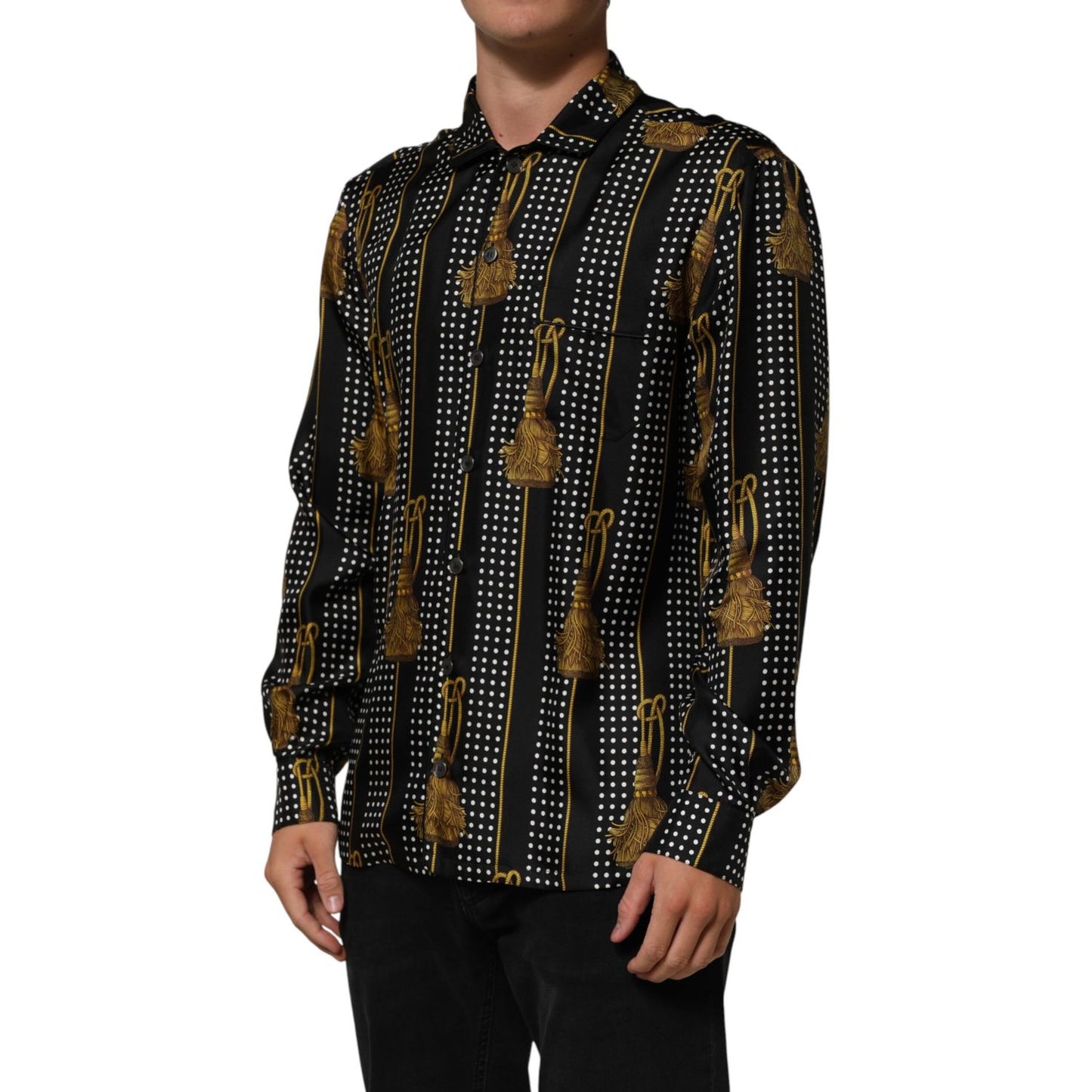 Dolce & Gabbana Black Dotted Tassel Silk Button Down Shirt