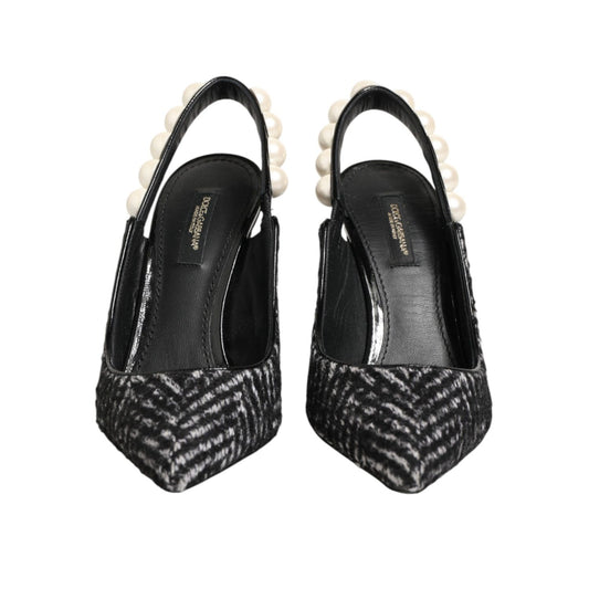 Dolce & Gabbana White Black Chevron Faux Pearl Slingbacks Shoes