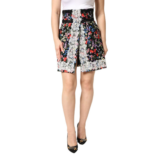 Dolce & Gabbana Black Floral Lace Cotton HighWaist Mini Skirt