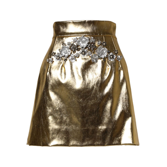 Dolce & Gabbana Gold Acetate Crystal High Waist Mini Skirt