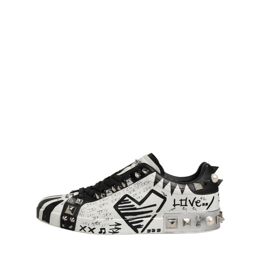 Dolce & Gabbana Black White Studded Low Top Sneakers Shoes