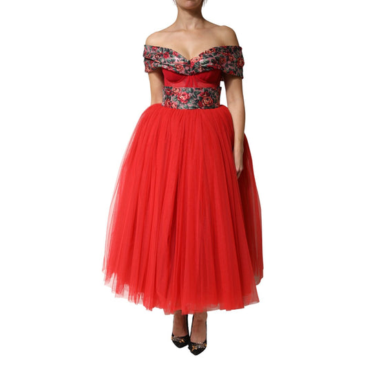 Dolce & Gabbana Red Floral Off Shoulder A-line Gown Dress