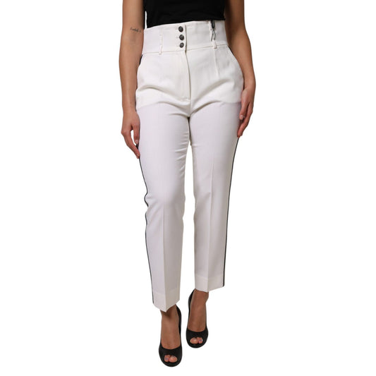 Dolce & Gabbana White Wool High Waist Tapered Trouser Pants