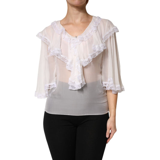 Dolce & Gabbana White Ruffles Lace Long Sleeve Blouse Top