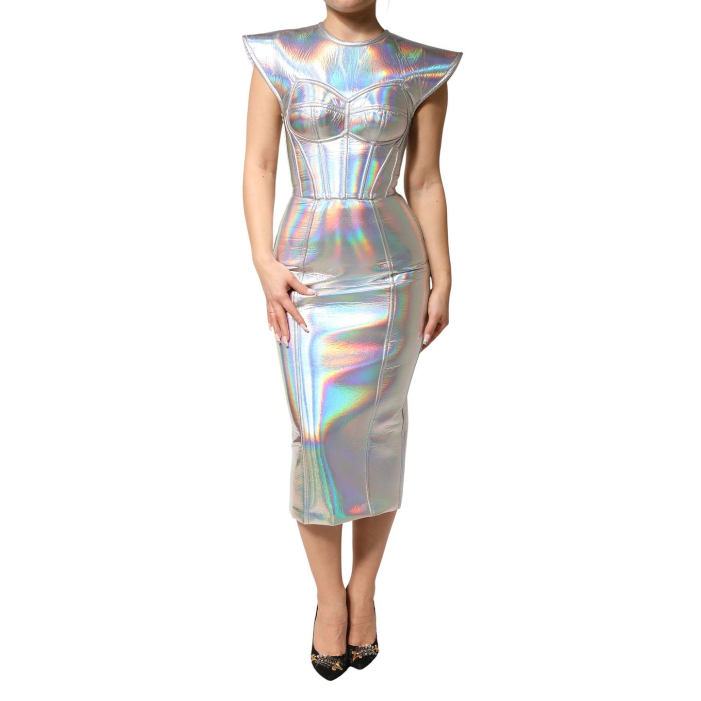 Dolce & Gabbana Silver Iridescent Bodycon Sheath Midi Dress