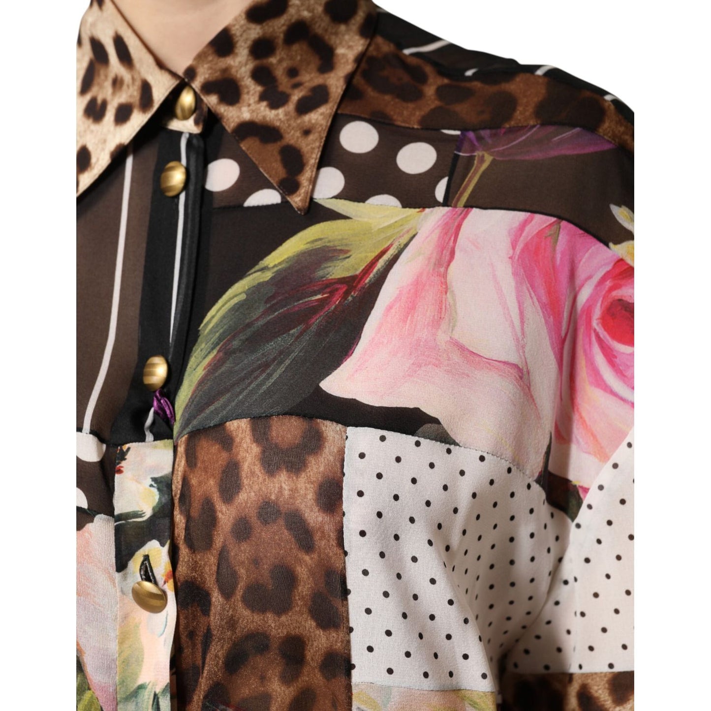 Dolce & Gabbana Multicolor Patchwork Silk CollaredBlouse Top