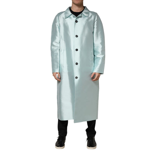 Dolce & Gabbana Teal Satin Collared Long Trench Coat Jacket
