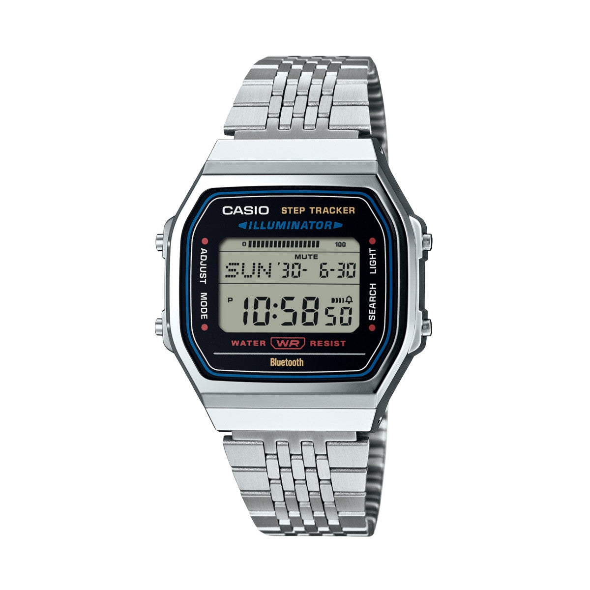 CASIO VINTAGE Mod. SILVER -BLUETOOTH® SMARTPHONE LINK w. built-in accelerometer senses body movements + steps counter-0