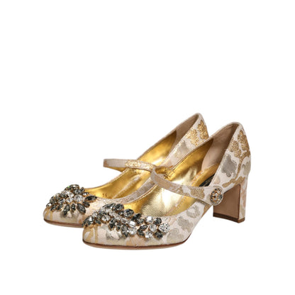 Dolce & Gabbana Gold Jacquard Crystal Mary Janes Pumps Shoes