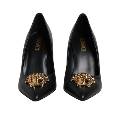 Versace Black Leather Logo Plaque High Heels Pumps Shoes Versace