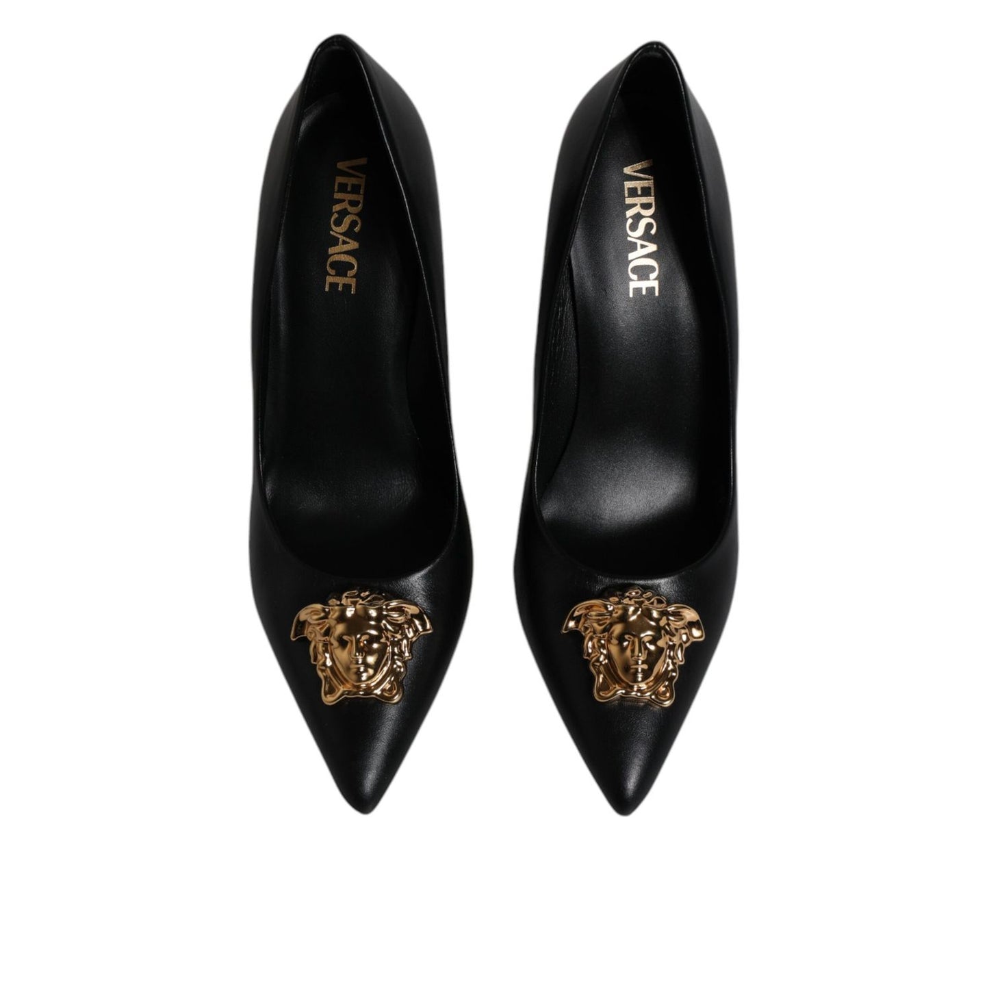 Versace Black Leather Logo Plaque High Heels Pumps Shoes Versace