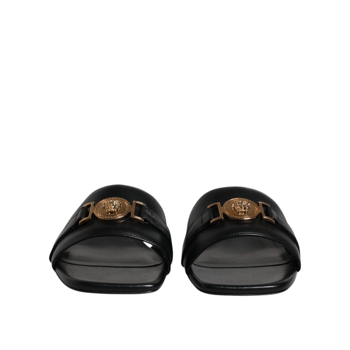 Versace Black Leather Logo Plaque Slip On Slides Flats Shoes Versace