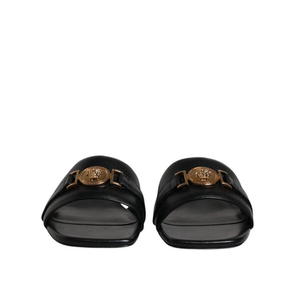 Versace Black Leather Logo Plaque Slip On Slides Flats Shoes Versace