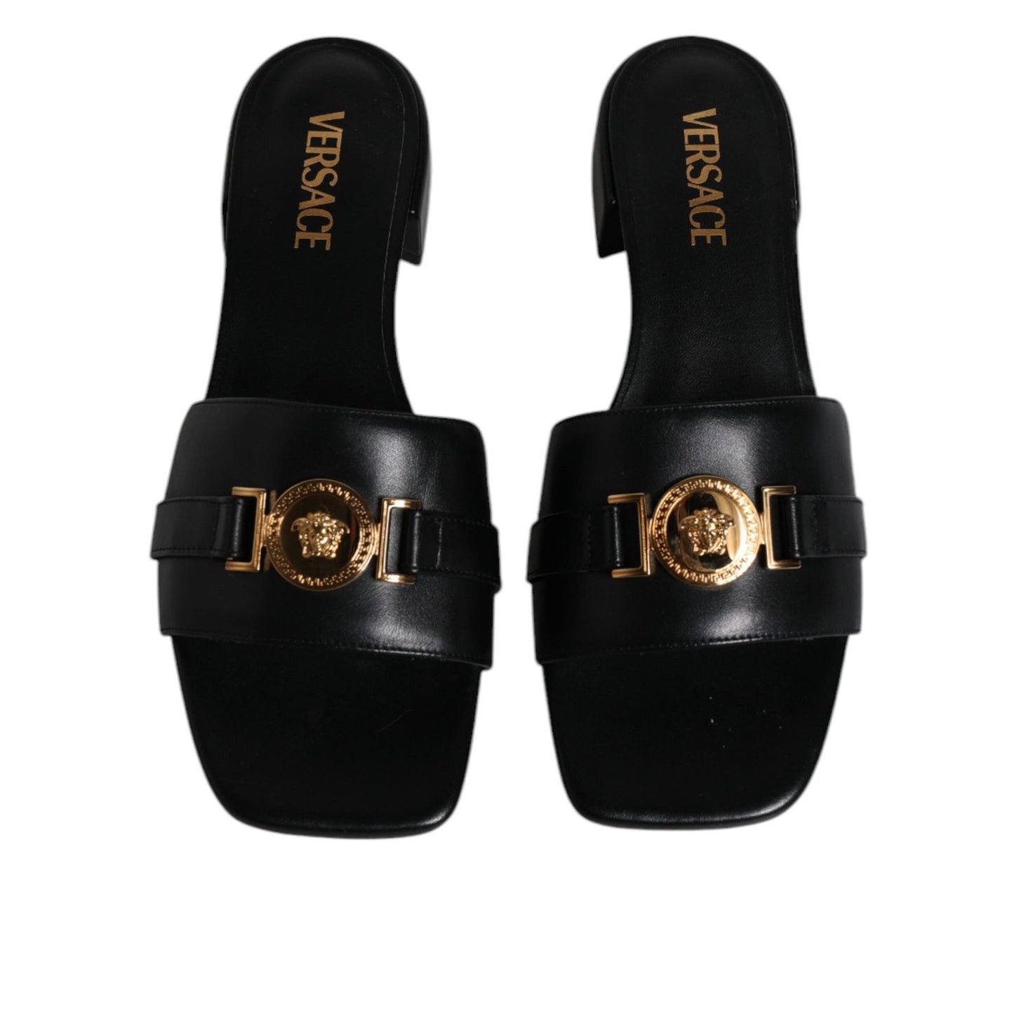 Versace Black Leather Logo Plaque Slip On Slides Flats Shoes Versace