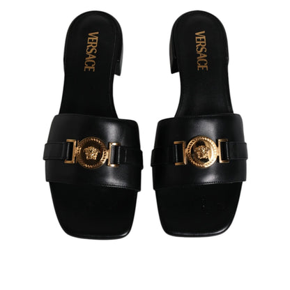 Versace Black Leather Logo Plaque Slip On Slides Flats Shoes Versace