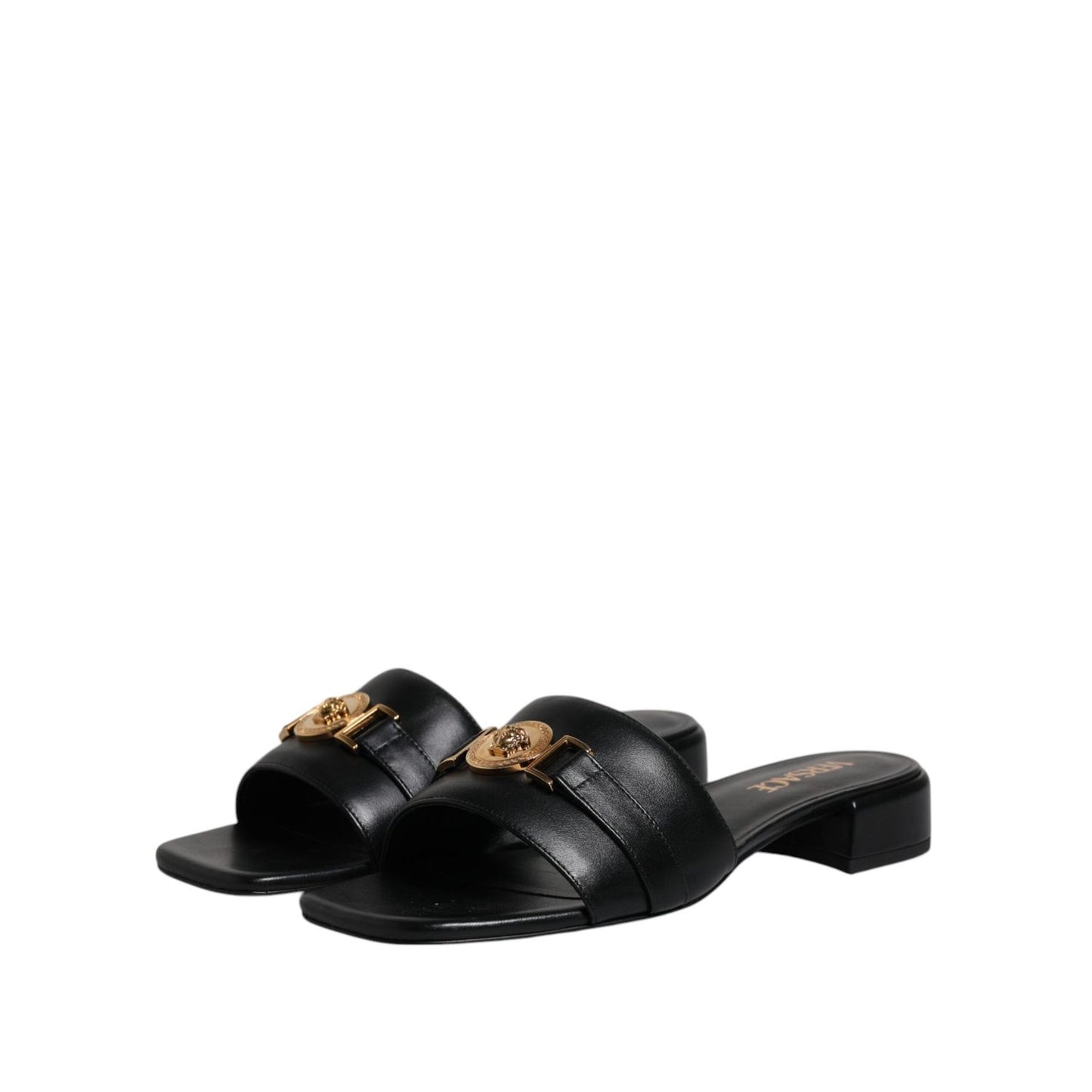 Versace Black Leather Logo Plaque Slip On Slides Flats Shoes Versace