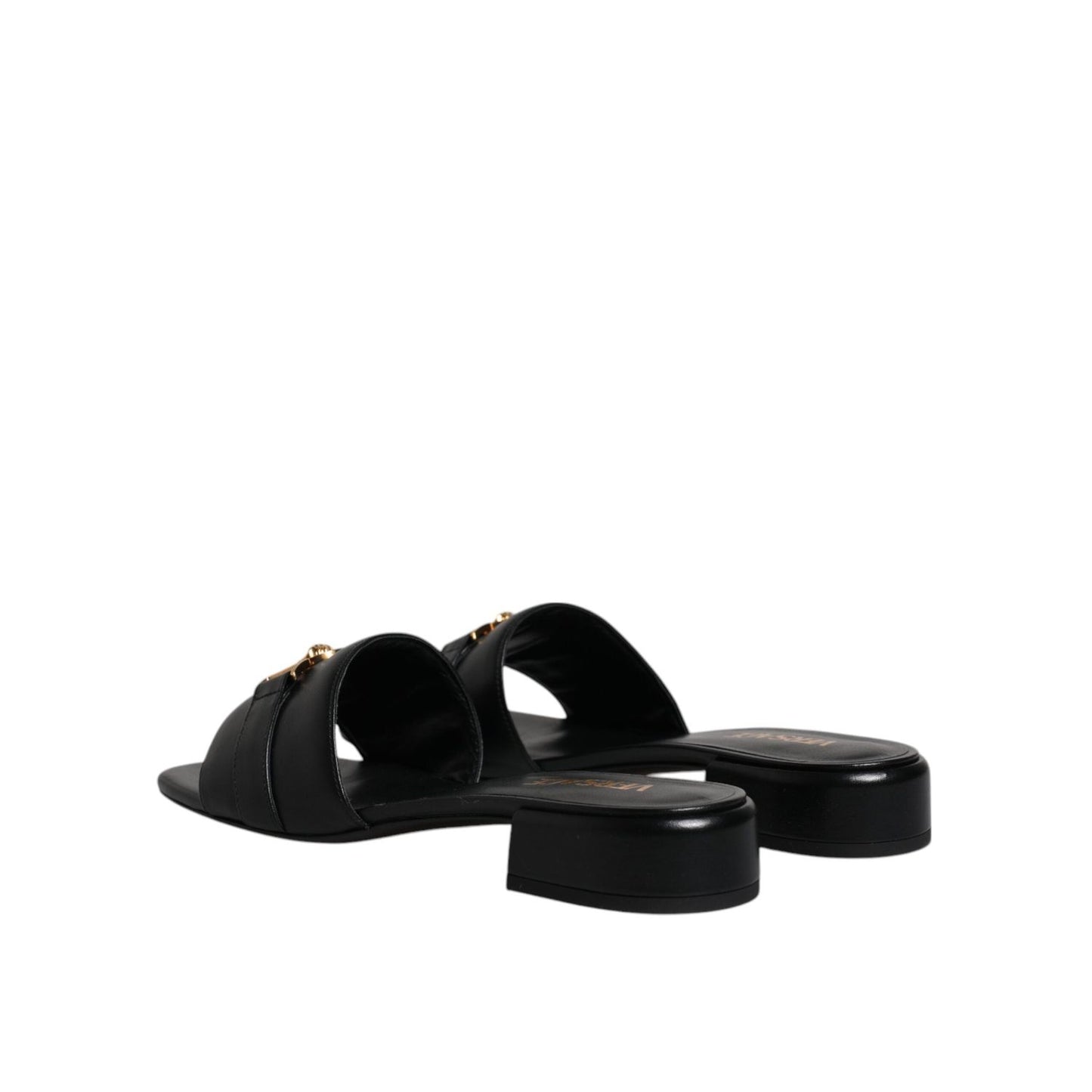 Versace Black Leather Logo Plaque Slip On Slides Flats Shoes Versace