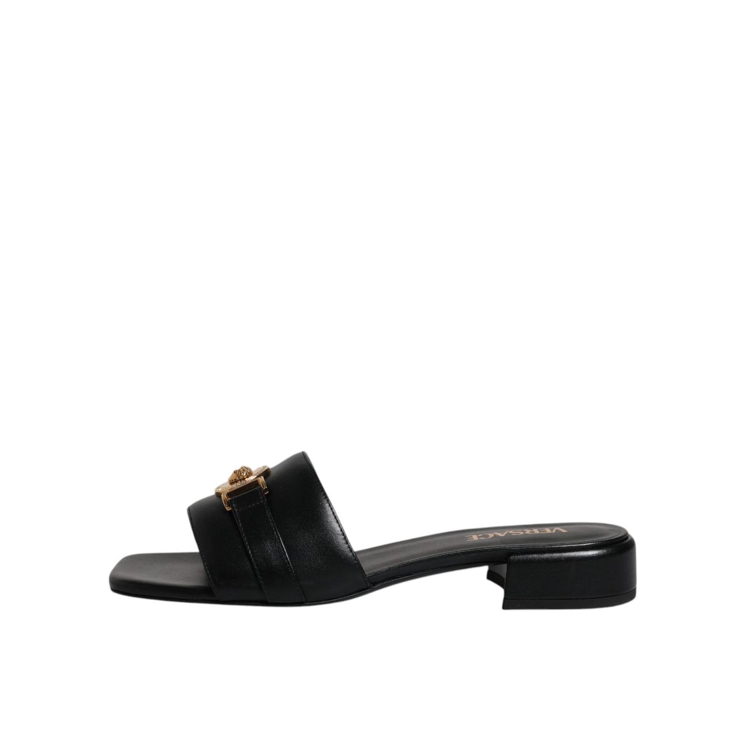 Versace Black Leather Logo Plaque Slip On Slides Flats Shoes Versace