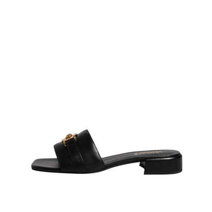 Versace Black Leather Logo Plaque Slip On Slides Flats Shoes Versace